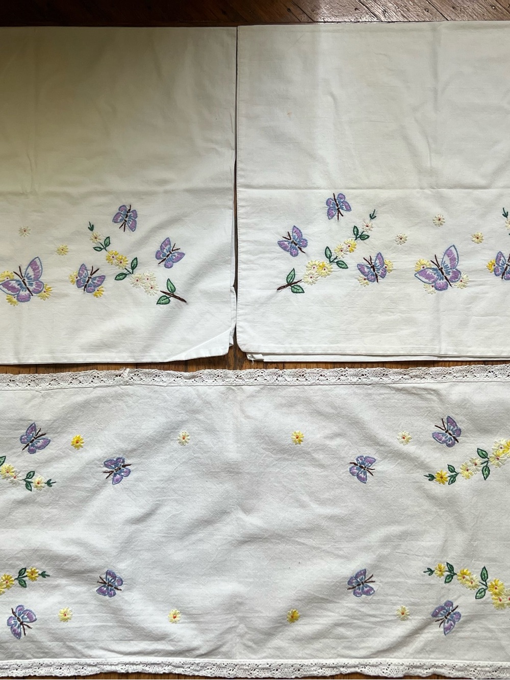 Embroidered Butterfly Table Runner and two pillowcases in Lavender & Yellow